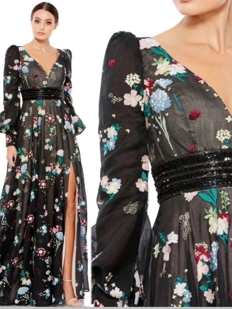 Mac Duggal Embroidered Bishop Sleeve V Neck Flowy Gown Size 4 $798 New